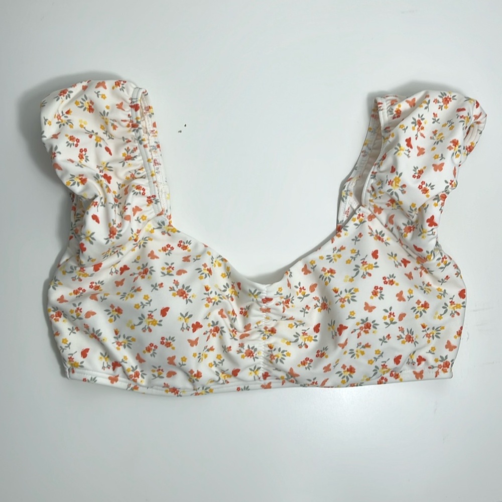 -Hollister White Floral Bathing Suit Top Ruffle Puffed Sleeves Small